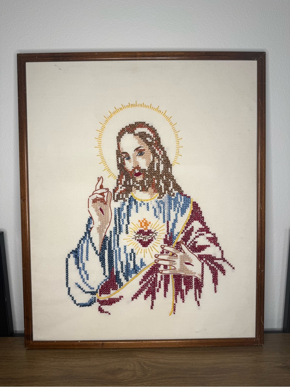Vintage Framed Jesus Cross-Stitch
